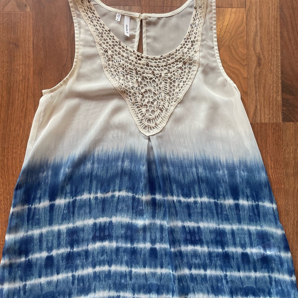 WOMENS Blue White TIE DYE DIE SLEEVELESS TANK TOP SHEER OMBRE Studio Y Sz Small